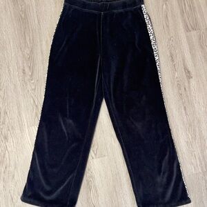 Vintage Y2K Velour Track Pants Women PetiteSmall Black Leopard Trim Lounge Flare